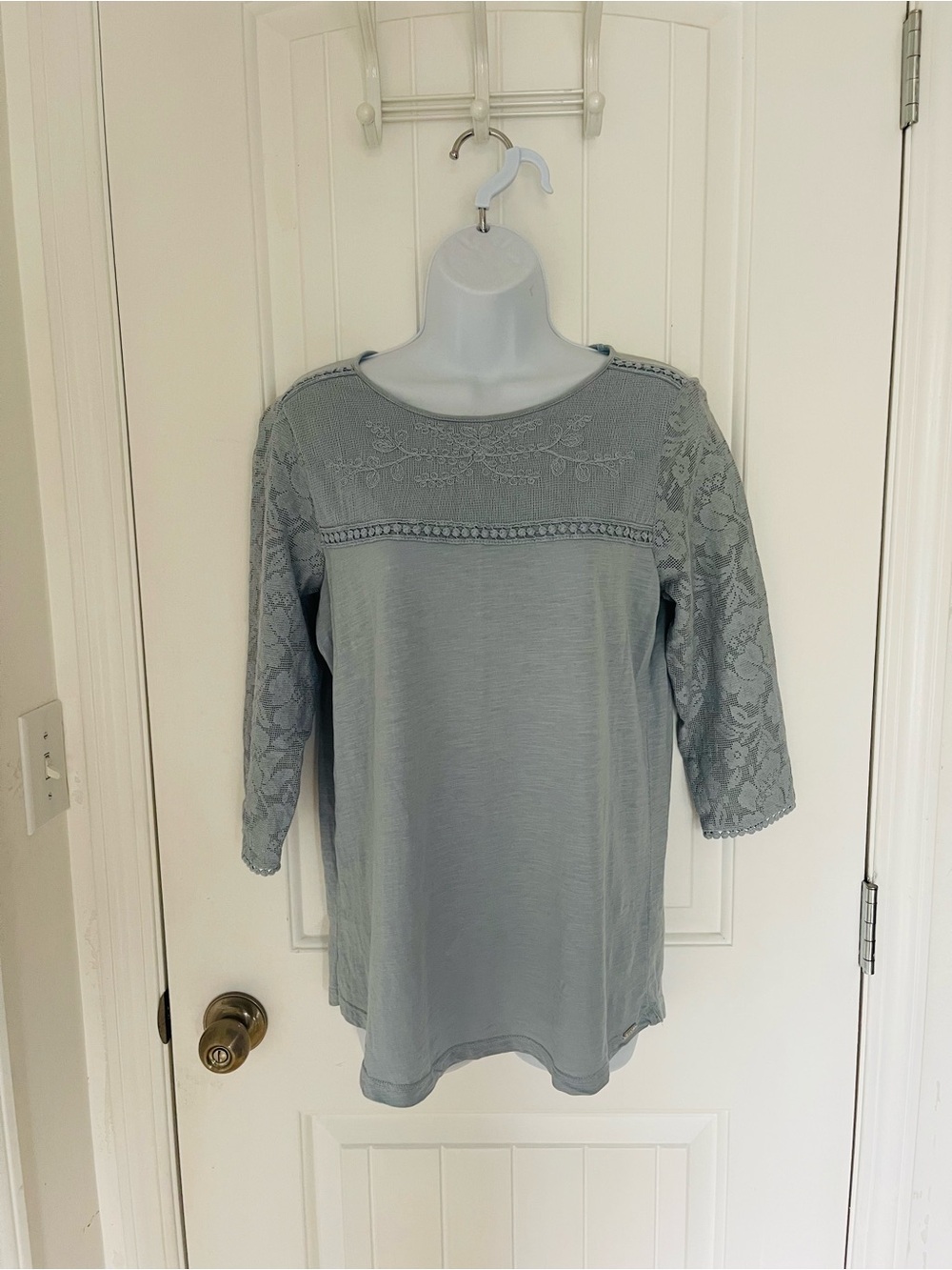 Lace Yoke 3/4 Sleeve Tee in Light blue - Feminine Everyday Top